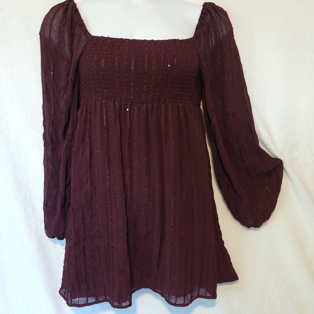 Altar'd State Women's XXL/16 Burgundy Embroidered Sequin Smocked Mini Dress